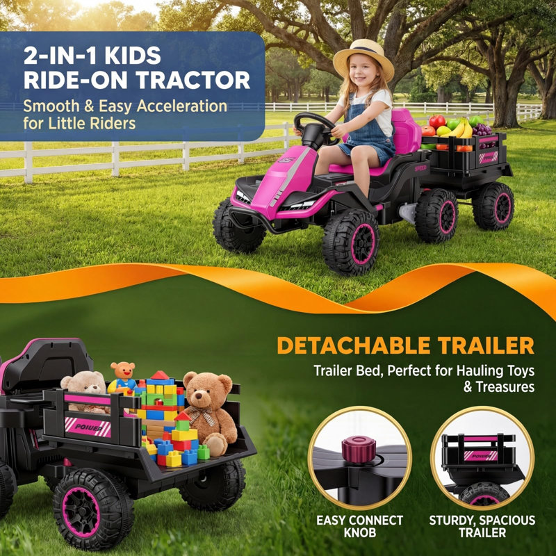 Alex 24V 6 roues sur camion tracteur avec télécommande, UTV pour enfants avec remorque amovible, moteur puissant 2 x 100 W, ceinture de sécurité, véhicules pour enfants en bas âge