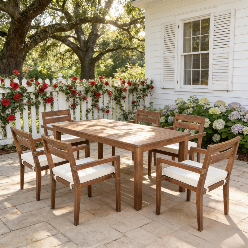 Ensemble repas d'extérieur 7 pièces en bois d'acacia avec coussins, table de patio et 6 chaises, Bois robuste