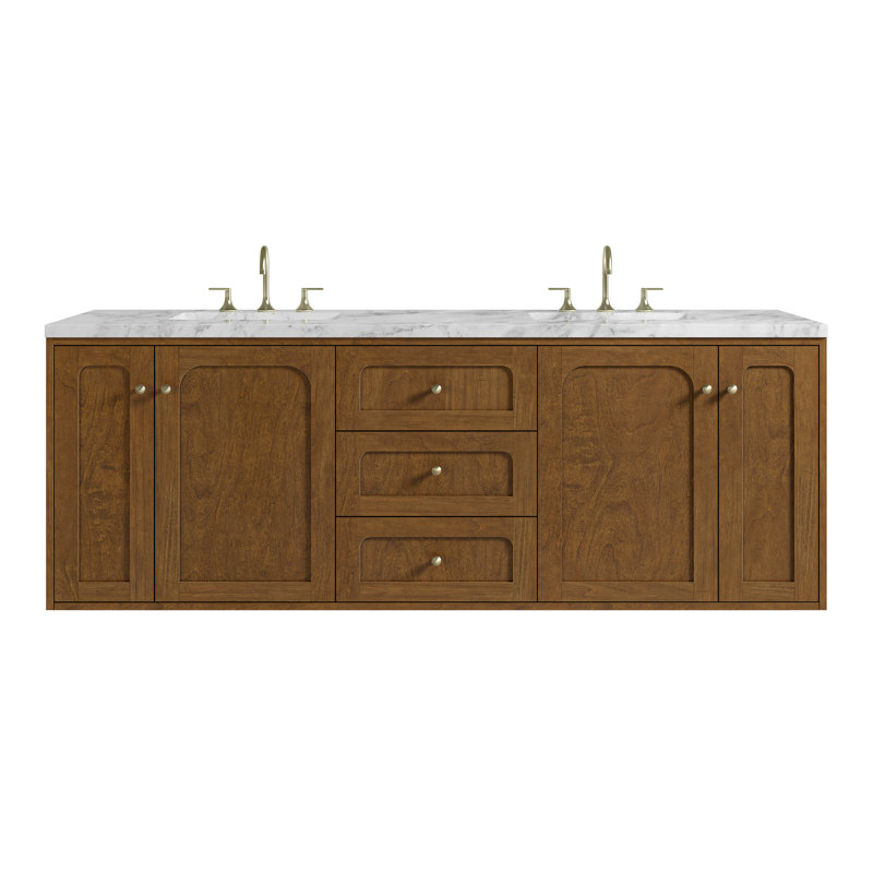 Laurent 72" Double Bathroom Vanity Set, Carrara White, 8" Widespread, Honey Brown