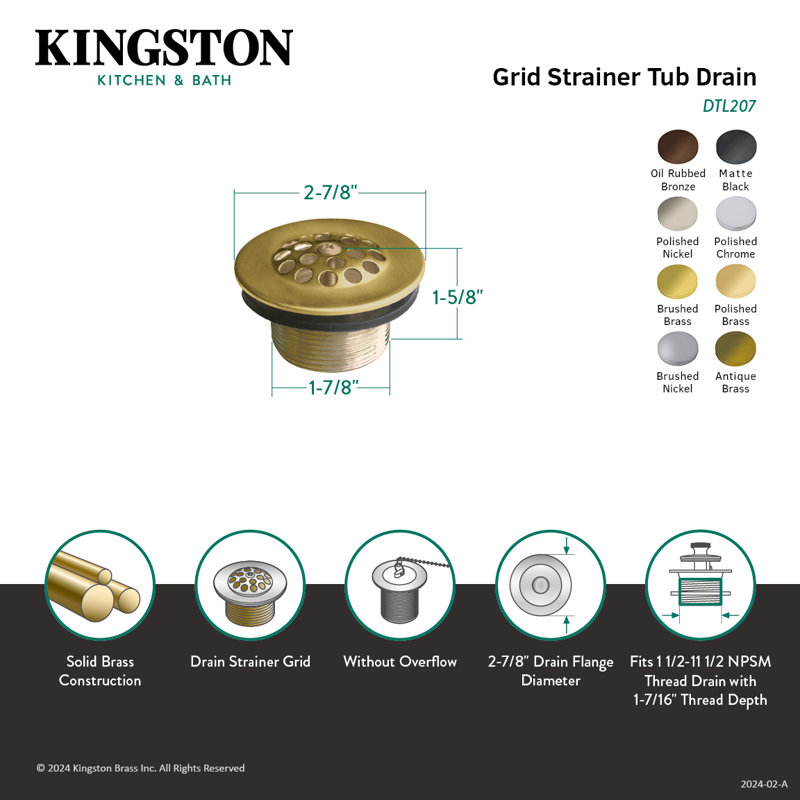 Drain de baignoire en laiton Kingston, Nickel brossé