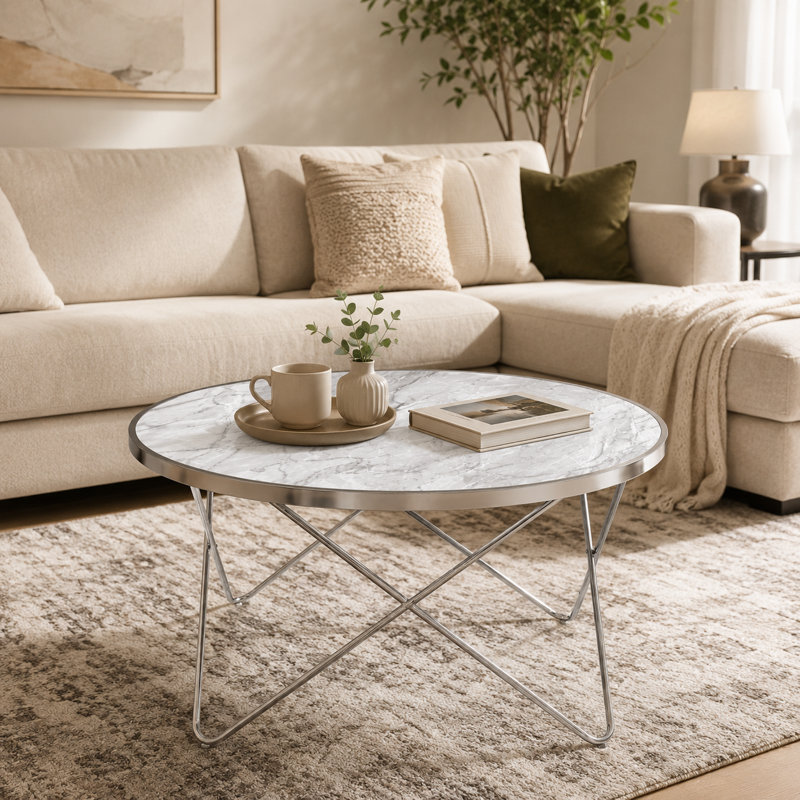 32-Inch Round Faux Marble Coffee Table with Silver Metal Geometric Base for Living Room, Modern Accent Table