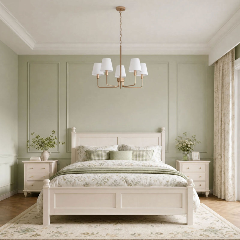 5-Lamp White Gold Fabric Dimmable Pendant Light