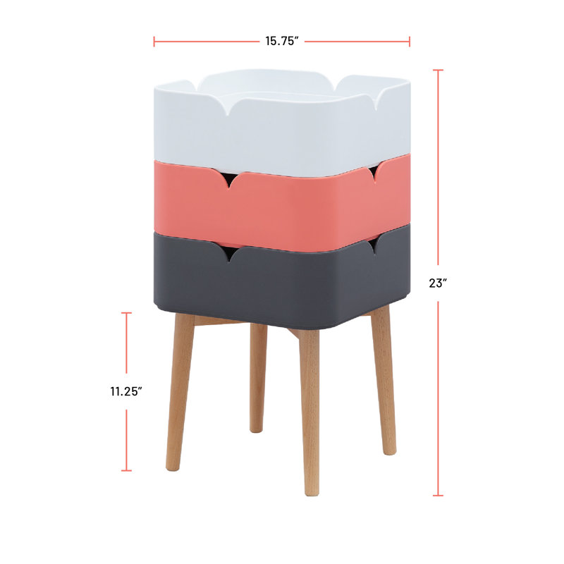 End Table With 3 Square Stacking Storage Bins, Natural Wool Legs