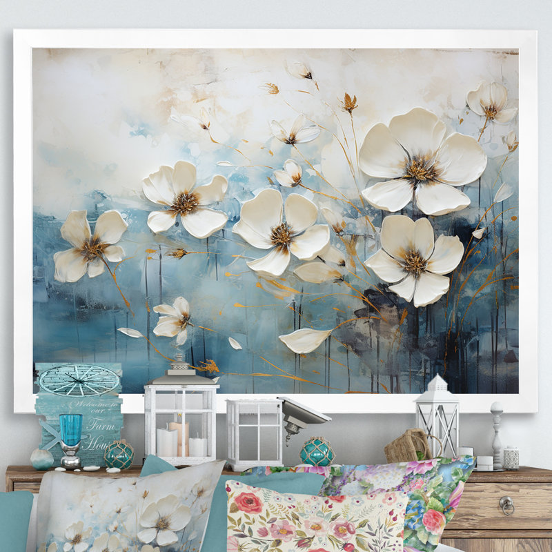 Collage saisonnier bleu et blanc sur toile, H 16 po x l 32 po x P 1 po, Cadre simple blanc