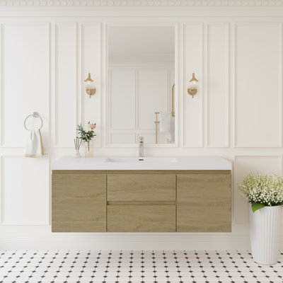 Meuble-lavabo mural moderne en chêne, fabrication en bois pour une élégance de salle de bain peu encombrante