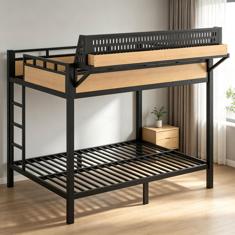 Lit superposé double au-dessus de double avec tablettes de rangement et panneau perforé, cadre de lit superposé avec ports USB et lumières DEL, peu encombrant