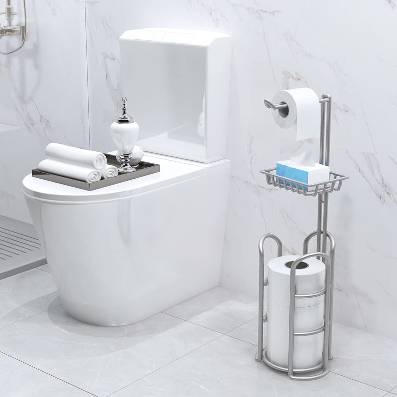 Silver Gray Freestanding Toilet Paper Holder with Shelf and Storage