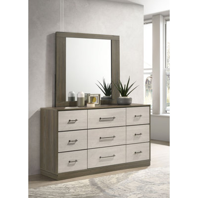 Two-Tone Grey Oak & Almond 9-Drawer Dresser with Matching Framed Mirror, Engineered Hardwood Contemporary Storage Chest with Antique Nickel Handles & Hidden Jewelry Drawer, Bedroom Vanity Storage Set