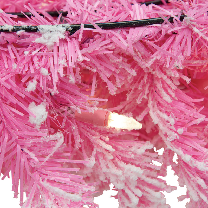 Pre-Lit Flocked Pine Artificial Christmas Wreath - Clear Lights, Pink, 36" H x 36" W x 6" D