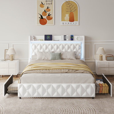 Floating Full Bed Frame With LED Light, Upholstered PU Leather Platform Full Bed With Charging Station & Wingback, Diamond Tufted Storage Headboard & Footboard, No Box Spring Needed
