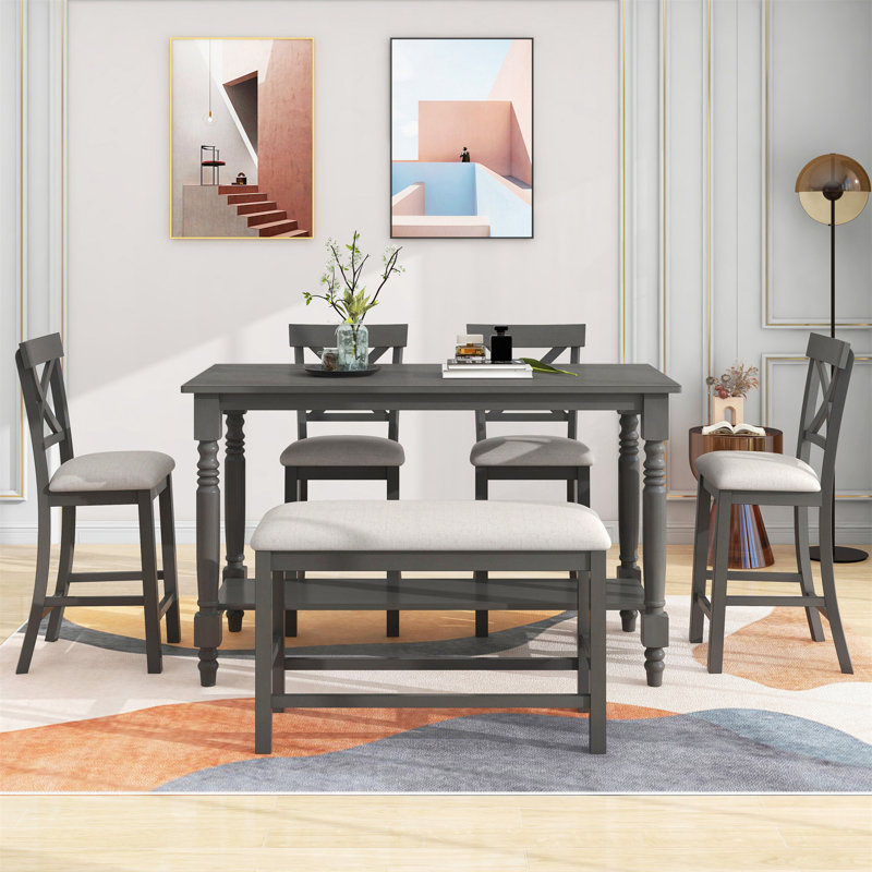 6-Piece Counter Height Dining Table Set Table With Shelf 4 Chairs And Bench For Dining Room, Beige/Grey