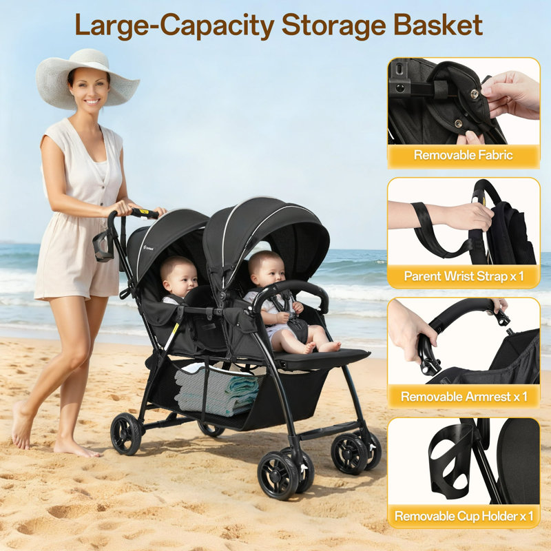 Double Stroller with Twin Seats, 5-Point Harness, Adjustable Canopies, Black, Black