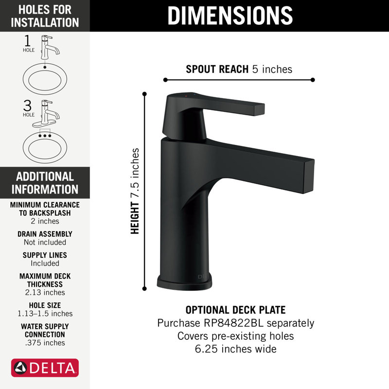 Robinet pour salle de bain à un trou Zura et technologie Diamond Seal, Noir mat