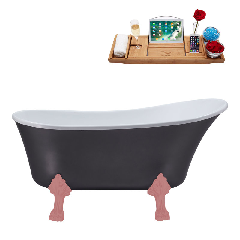 55" Streamline Clawfoot Soaking Acrylic Bathtub With Drain, Clawfeet, and Bamboo Tray, Glossy White, Matte Pink