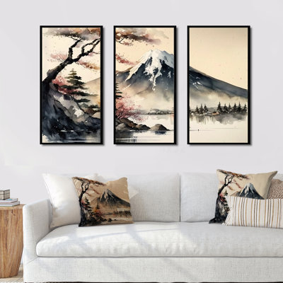 Dorcilien " Japanese Landscape In Watercolor II " 3 - Pieces
