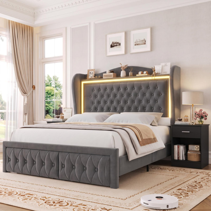 Ensemble de chambre à coucher 3 pièces, lit plateforme tapissier en velours avec éclairage à DEL et 2 tiroirs de rangement sous le lit, 2 tables de chevet avec tiroirs