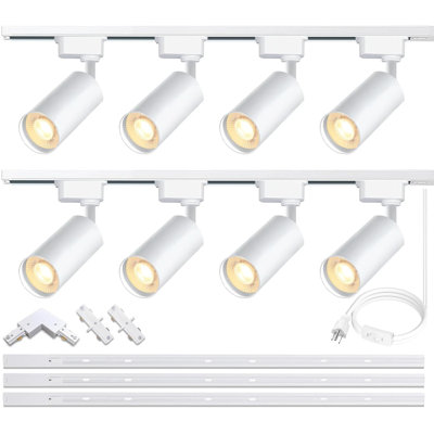 8-Light White H-Type Track Lighting Kit 3000K Warm White Dimmable LED Spotlight 20W 2400lm High Brightness 9.8ft Track Rail Adjustable Angle Complete Lighting System
