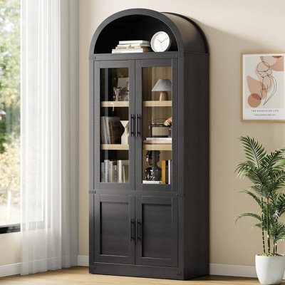 72" Arched Bookcase – 2 Glass Doors, 2 Wood Doors, Adjustable Shelves, 50Lb Per Shelf