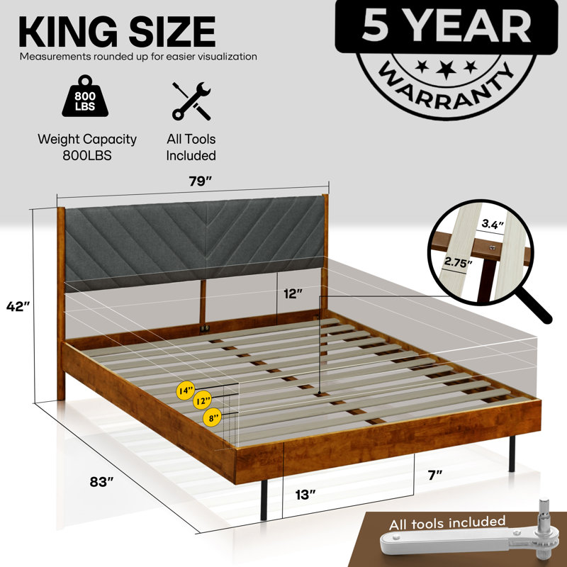 Acacia Astoria Premium Solid Wood Platform Bed with Upholstered Headboard, Midcentury Modern Bed Frame, King Size Bed Frame, Caramel Finish