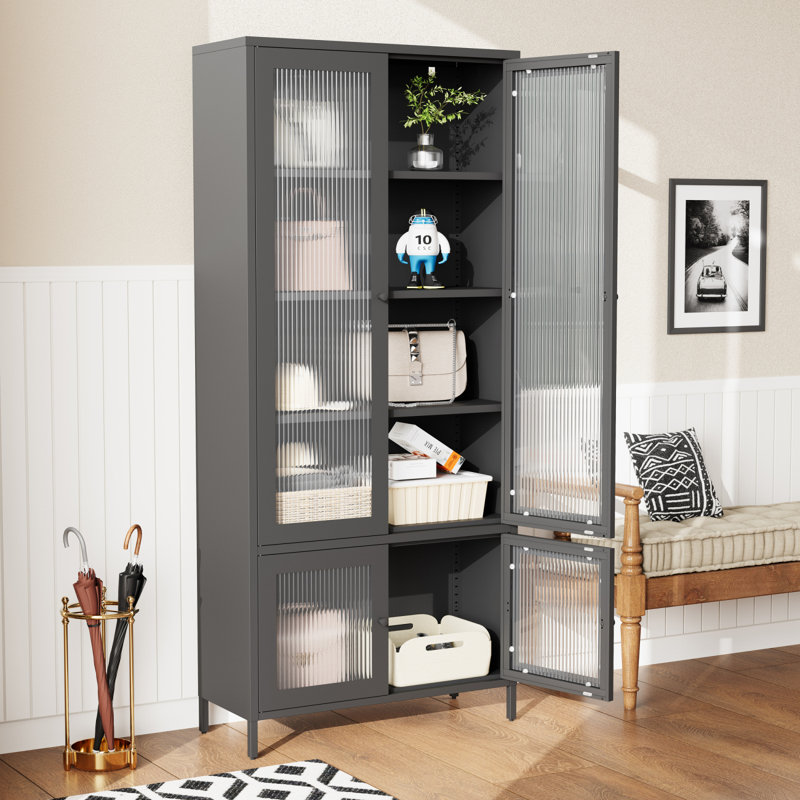 Grande armoire de rangement en métal avec 4 portes vitrées et 5 tablettes latérales