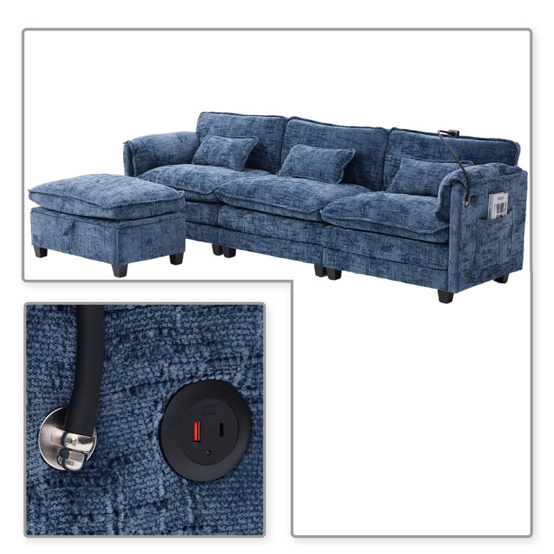 Canapé de rangement modulaire moderne en L à 3 places avec support pour téléphone et station de charge, Chenille bleue marine