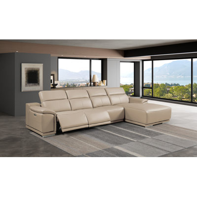 Canapé modulaire en L de 4 pièces DivanItalia crème en cuir italien avec 2 fauteuils inclinables électriques et appuis-tête réglables orientés vers la droite
