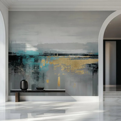 Teal Gold Abstract Landscape Wall Mural