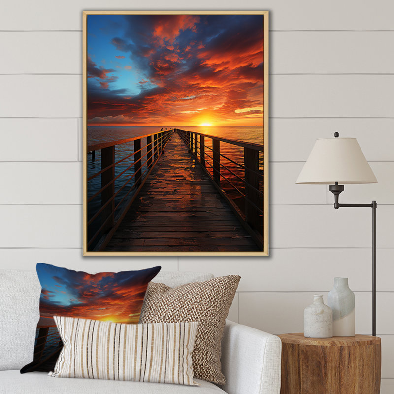Yentin " Sunrise At The Peer ", 20" H x 12" W x 1" D, Natural Floater Framed