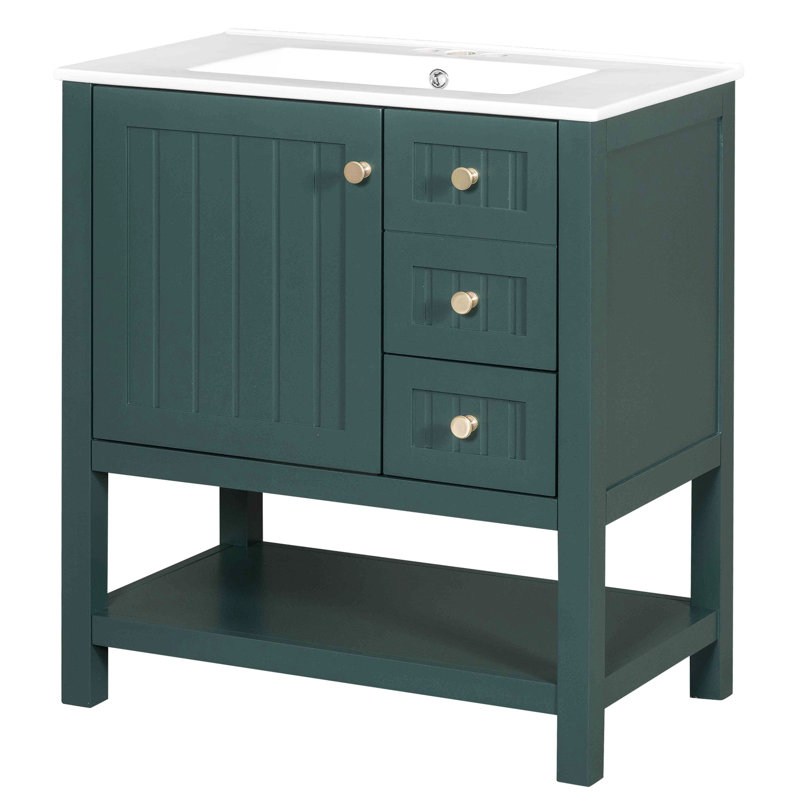Meuble-lavabo transitionnel de 30 pouces. Couleur de l'armoire. Évier en céramique. Bois massif +. Rangement pratique. Assemblage requis. Capacité de charge de 250 lb. Meuble-lavabo à fermeture en douceur. Évier inclus. 2