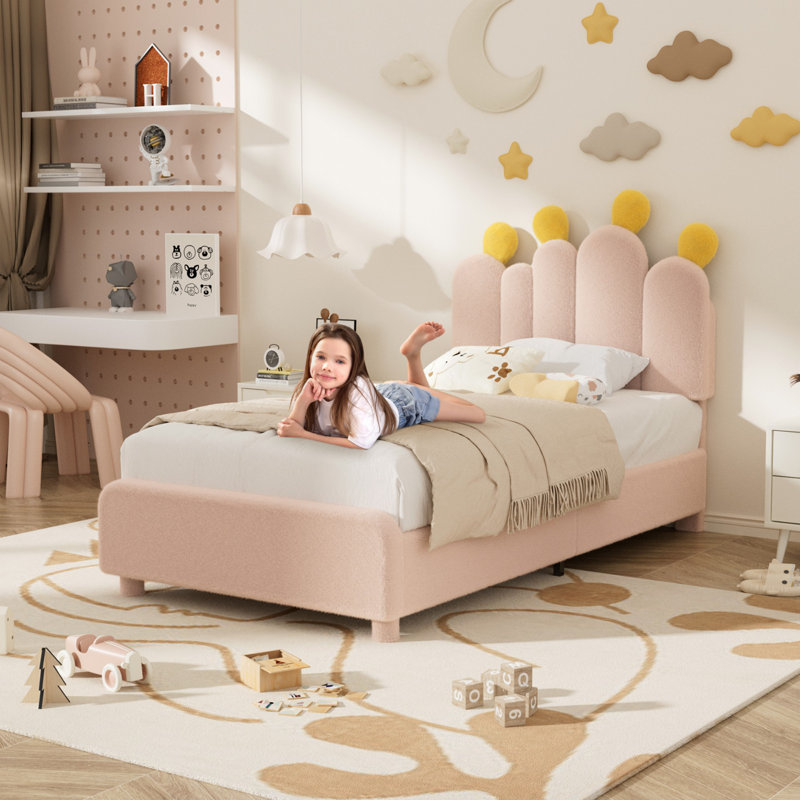 Cactus-Shaped Teddy Fleece Bed - Pom-Pom Headboard, Sturdy & Noise-Free, Easy Assembly, Twin, Pink