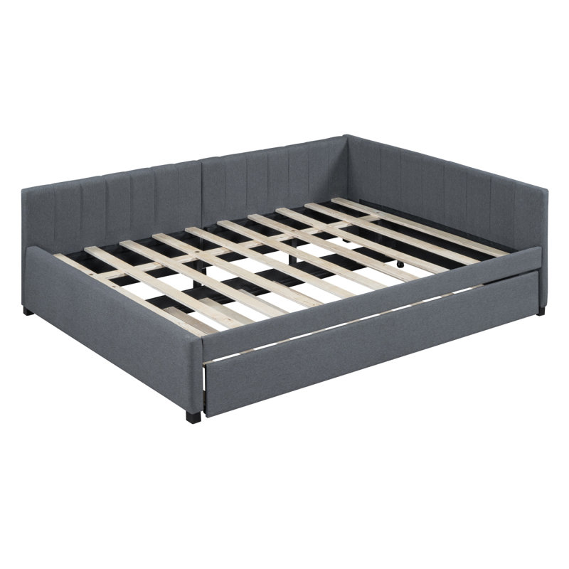 Full Size Upholstered Daybed With Trundle Sofa Bed Frame No Box Spring Needed, Linen Fabric(Gray), Gray