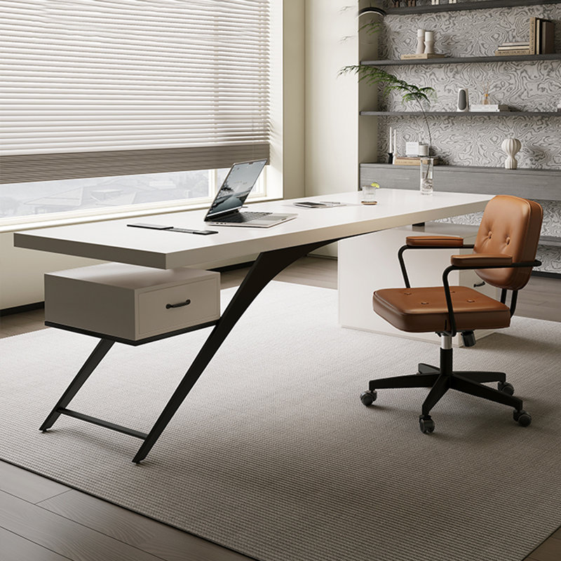 Bureau blanc rectangulaire en bois massif avec 4 tiroirs, bureau