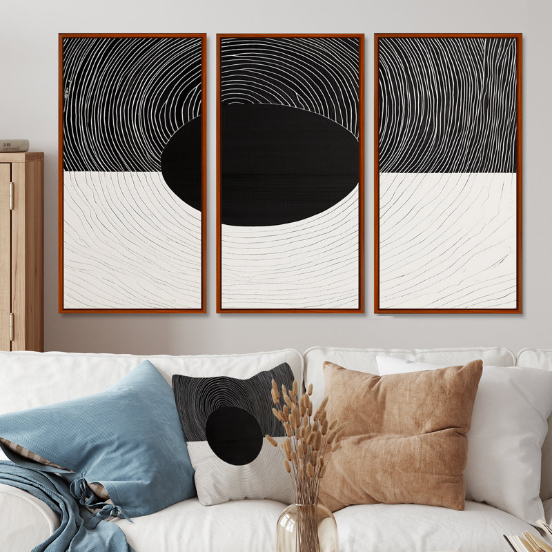 Balance Black White Minimal Concentric - Minimalisme paysage, ensemble de reproductions d'art mural, Cadre flottant brun
