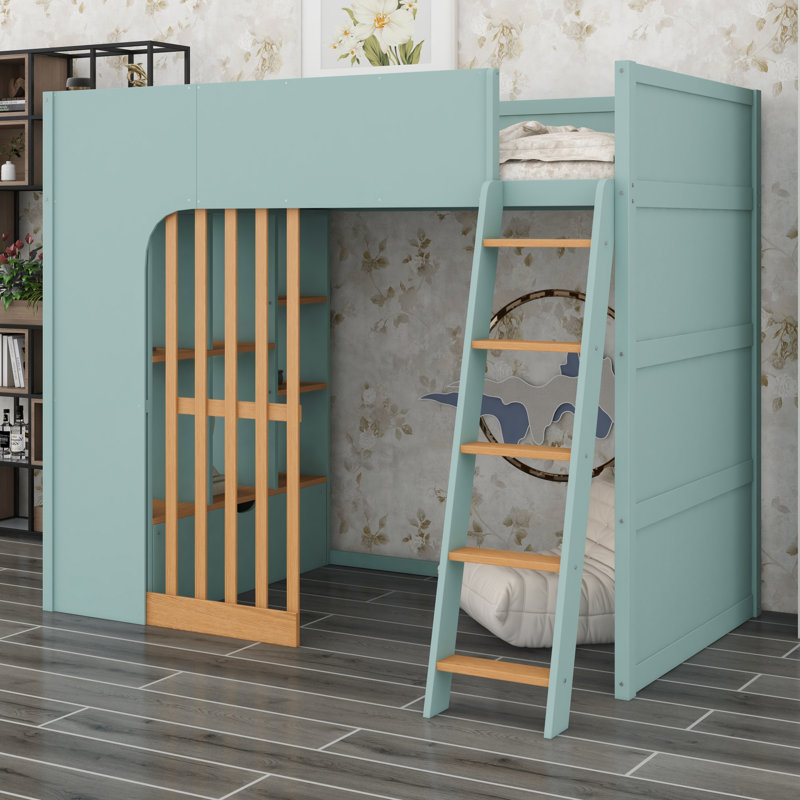 Lit mezzanine peu encombrant, conception pour lit double avec échelle et tablettes de rangement, Lit simple