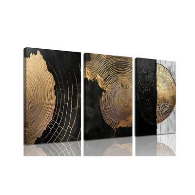 3 pièces encadrées minimaliste abstrait noir doré toile art vintage arbre anneau décoration murale moderne rustique affiches impressions pour salon bureau couloir décoration de la maison 16 x 24 po prêt à accrocher