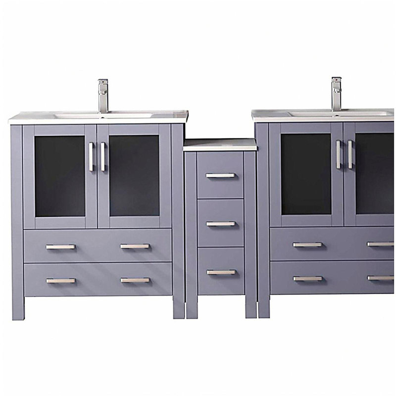 Meuble-lavabo double avec armoire latérale, comptoir en céramique et robinet, 72"