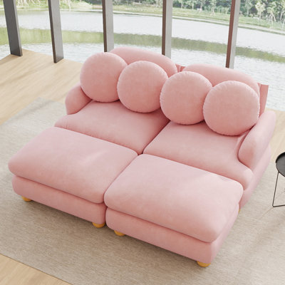 68" Chenille Modular Sectional Loveseat Sofa, Deep Seat Couch with 2 Ottomans and 4 Throw Pillows, Pink