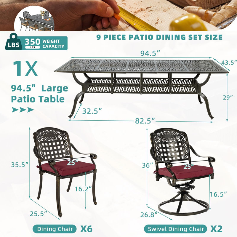 Meetwarm 9-Piece Outdoor Patio Dining Set For 8, All Weather Cast Aluminum Patio Funiture Table And Chairs Set- 94.5" Rectangular Table And 2 Swivel Rocker Chairs, 6 Stationary For Garden