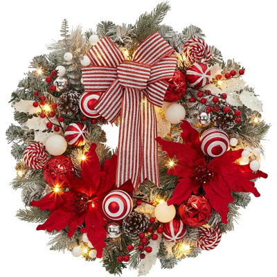 24in Pre-lit Christmas Wreath with 20 LED Lights, Timer, Battery Operated for Door