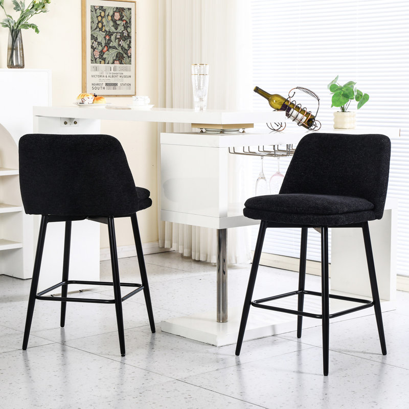 Tabourets de comptoir de 2 tabourets en métal revêtus de lin noir d'une hauteur de 25,6 po pour un coin cuisine moderne, Noir