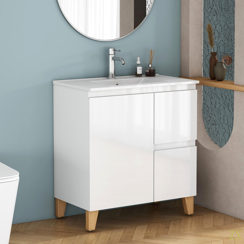 Ensemble de meuble-lavabo moderne de 31,5 po avec lavabo, armoire avec 1 porte et 2 tiroirs, système de cloisonnement doux, conception sans poignée, pieds en bois massif naturel, facile à assembler