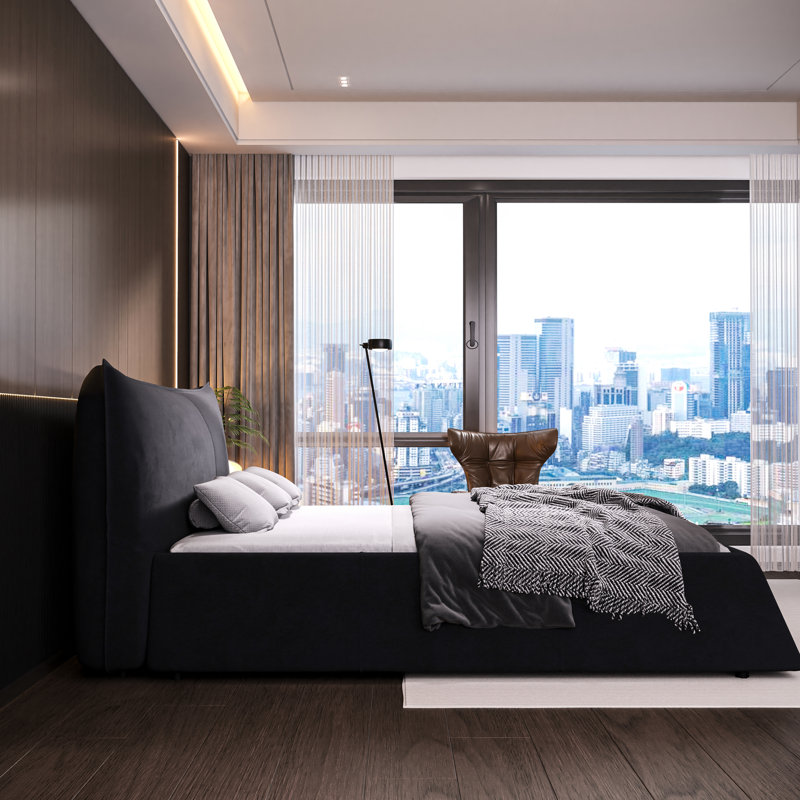 Très grand lit en velours noir - Design ergonomique et structure en bois de pin avec tête de lit pour une chambre à coucher élégante