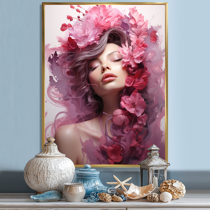 Extravaganza mauve à motif floral, H 20 po x l 12 po x P 1 po, Cadre flottant doré