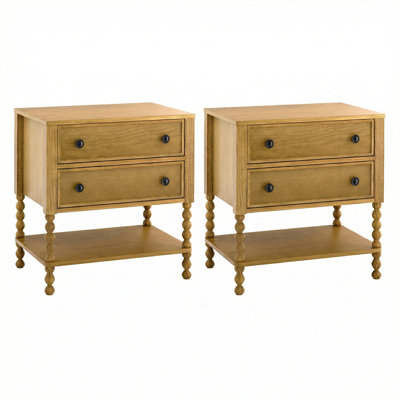 Set of 2 Solid Oak Nightstands with 2 Smooth-Glide Drawers & Open Shelf, 22″ Wide Bedside Tables, Quick 15-Min Assembly