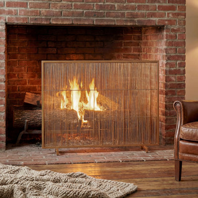 1-Panel Iron Fireplace Screen 39" X 30", Golden Finish