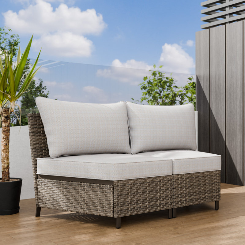Beige Wicker Armless Outdoor Chairs with Cushions, 2-Piece Set