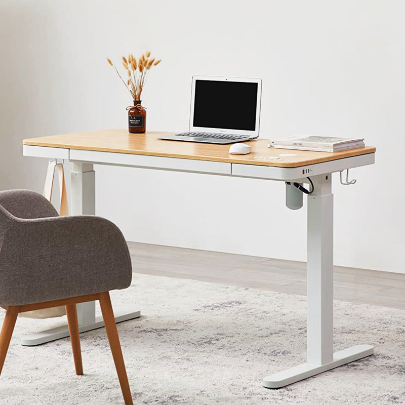 Bureau debout à hauteur ajustable en verre avec tiroir Keb Home Office, Brun / Blanc