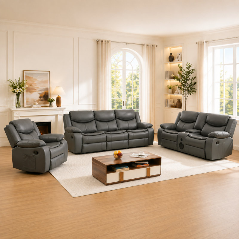  Ensemble de salon inclinable manuel 3 pièces avec haut-parleurs Bluetooth, porte-gobelets et console de rangement Adwin