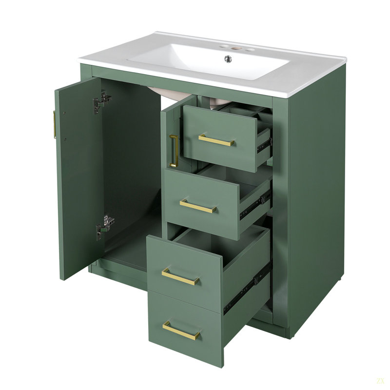 Ensemble de meuble-lavabo 30 po avec lavabo en céramique, armoire de rangement en bois massif, ensemble de meuble-lavabo autoportant avec 3 tiroirs et portes à fermeture douce