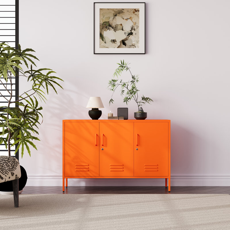 47.3" Wide 3-Door Lockable Metal Storage Cabinet with Accent Cabinet Locker, Heavy Duty Home Tool Cabinet, 2 Removable Shelves & Easy Assembly, for Home, Office, Entryway and Hallway Orange